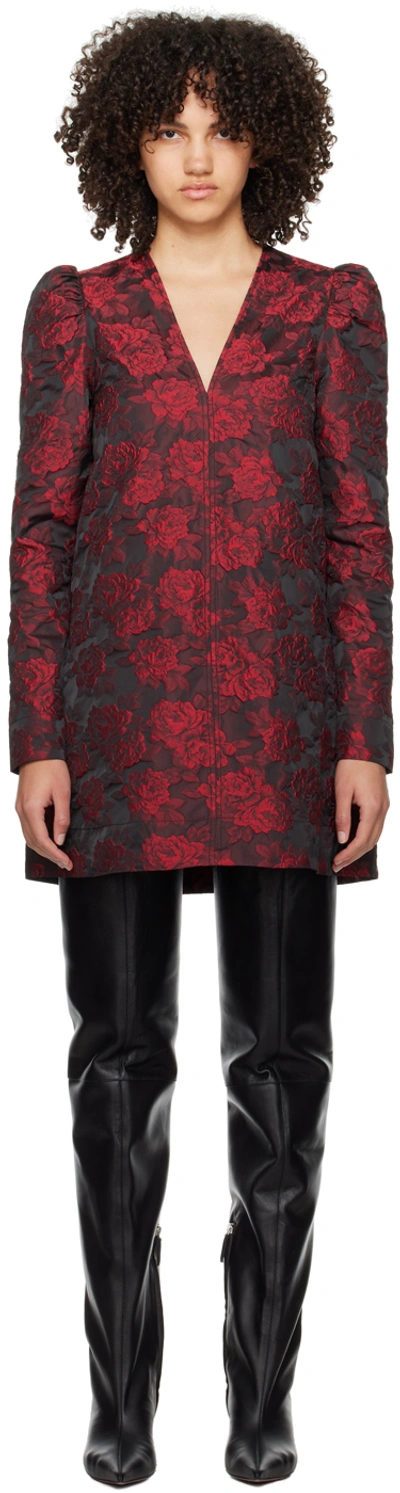 Ganni Botanical-print Jacquard Long-sleeve Minidress In Red