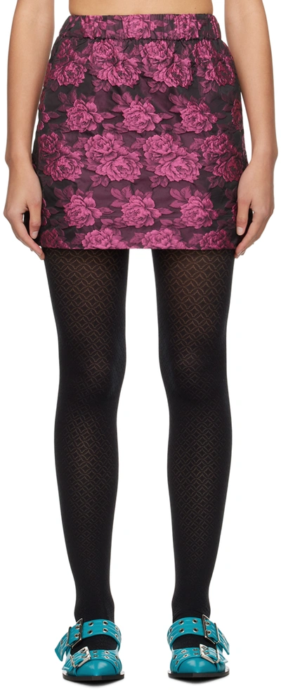 Ganni Pink & Black Botanical Jacquard Miniskirt In 072 Cone Flower