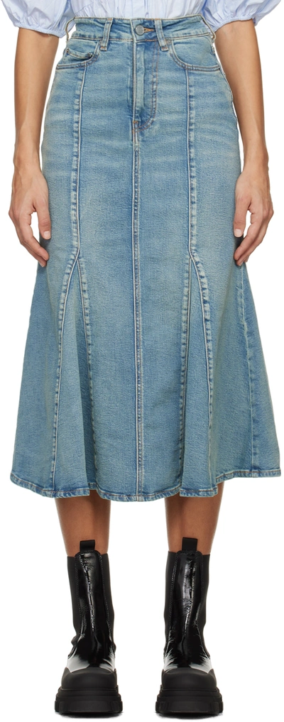 Ganni Blue Denim Midi Skirt In Light Blue