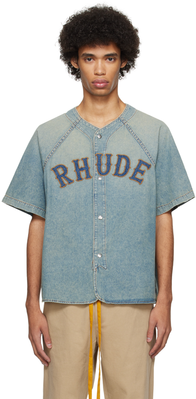 Rhude Blue Embroidered Denim Shirt In Dark Indigo