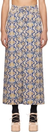 GANNI BLUE & YELLOW SNAKE PRINTED DENIM MAXI SKIRT