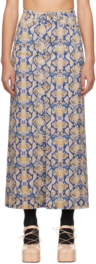 Ganni Iry Snake-print Denim Maxi Skirt In Brown