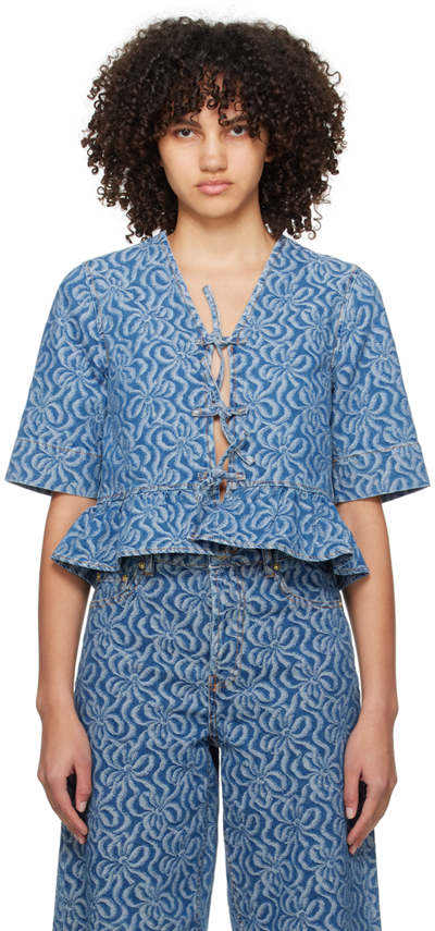 Ganni Tie-detailed Jacquard-denim Peplum Top In Mittelblauer Denim