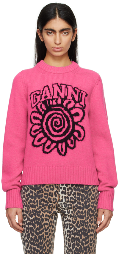 Ganni Floral-motif Crew-neck Jumper In Pink & Purple