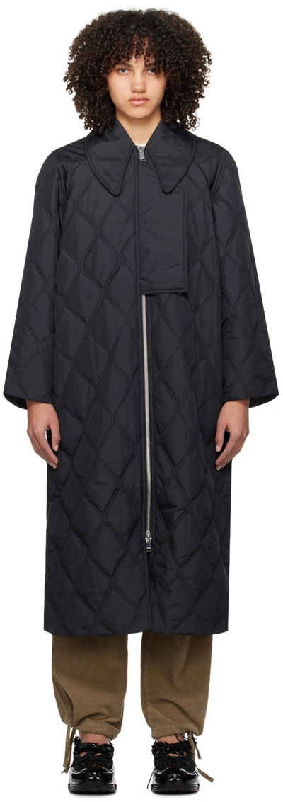 Ganni Black Quilt Coat In 099 Black