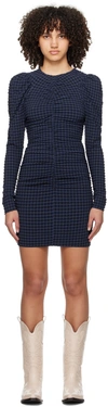 Ganni Ruched Long-sleeve Seersucker Mini Dress In 081 Deep Cobalt