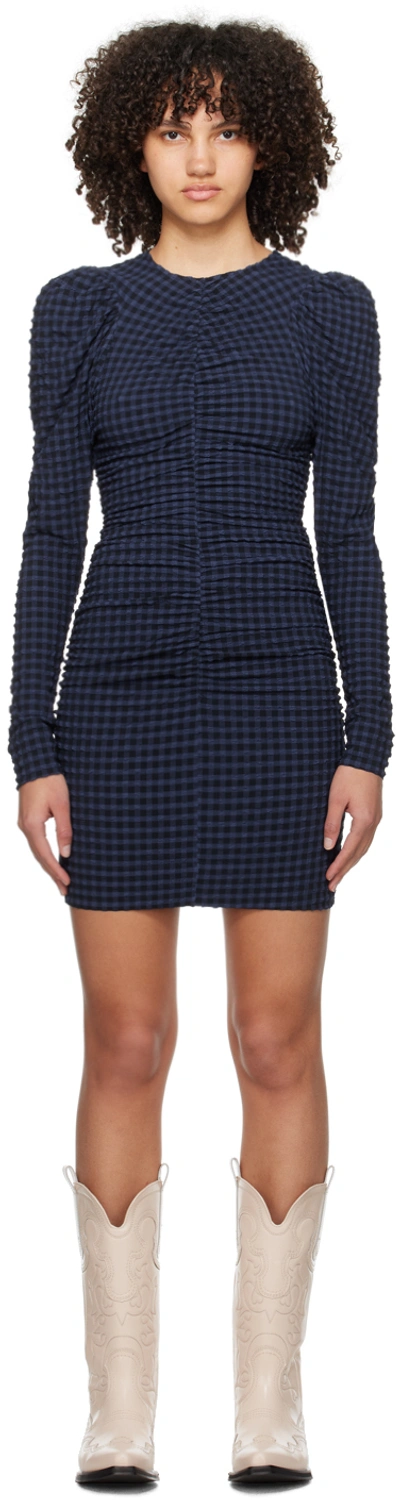 Ganni Ruched Long-sleeve Seersucker Mini Dress In Blue