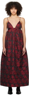 GANNI BLACK & RED BOTANICAL JACQUARD MAXI DRESS