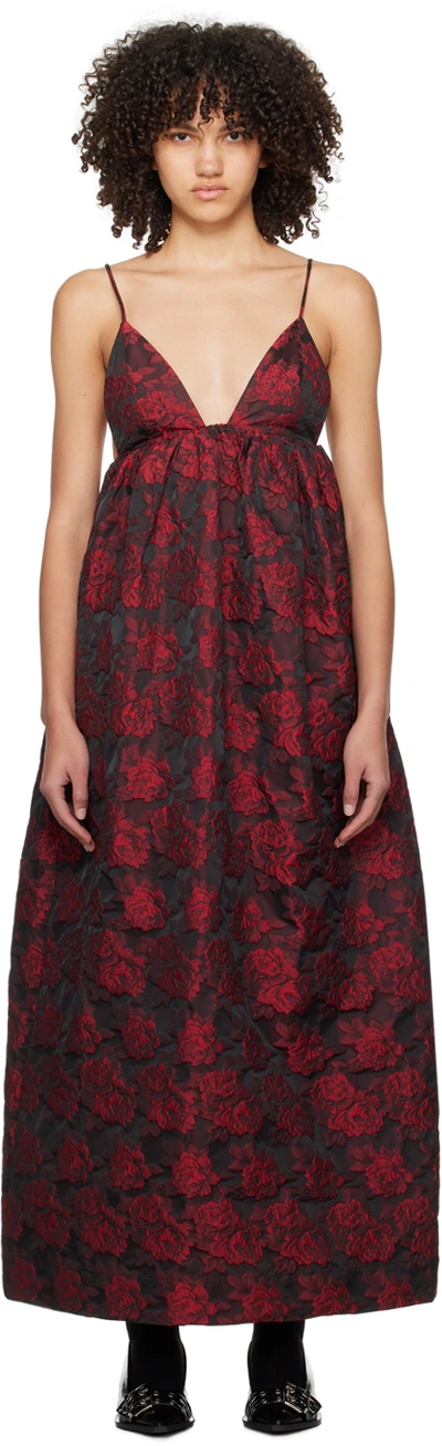 Ganni Botanical Jacquard Long Strap Dress In Black,red