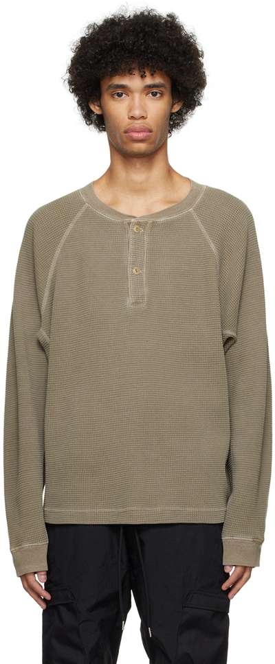 John Elliott Khaki Thermal Henley In Washed Oak