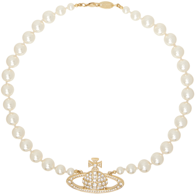 Vivienne Westwood White & Gold One Row Pearl Bas Relief Choker In R202 Gold/cream/crys