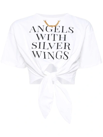 Elisabetta Franchi Slogan-print Self-tie Cotton T-shirt In 270gesso