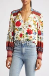 Alice And Olivia Serena Button-front Blouson-sleeve Top In Dew Floral