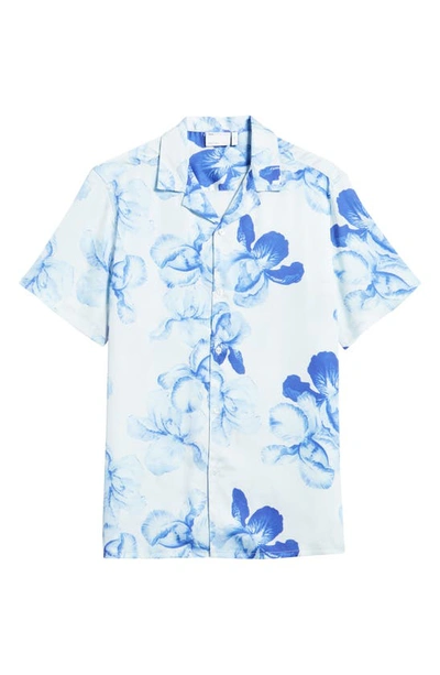 Asos Design Revere Satin Shirt In Blue Floral Print