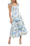August Sky Floral Tiered Midi Dress In Blue Multi