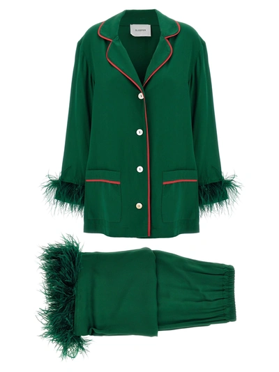Sleeper Party Feather-trim Cropped Pajama Set In Green