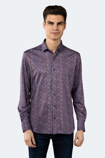 Luchiano Visconti Steel, Marble Blue And Burnt Orange Diamond Shirt In Purple