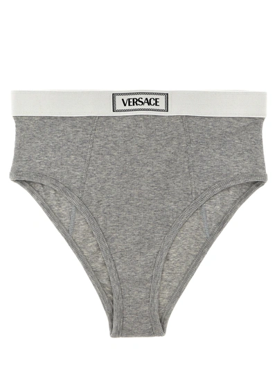 Versace Vintage Logo Ribbed High-waisted Briefs In Grey