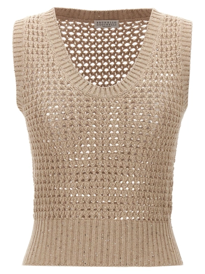 Brunello Cucinelli Open-knit Tank Top With Sequin Detail In Beige