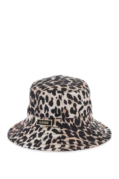 Ganni Leopard-print Logo-patch Bucket Hat In Beige, Black