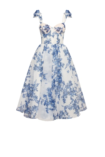 Milla Charming Blue Hydrangea-patterned Organza Midi Dress, Garden Of Eden In Blue-navy