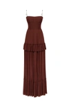 MILLA CHOCOLATE SPAGHETTI STRAP PLEATED MAXI DRESS, GARDEN OF EDEN