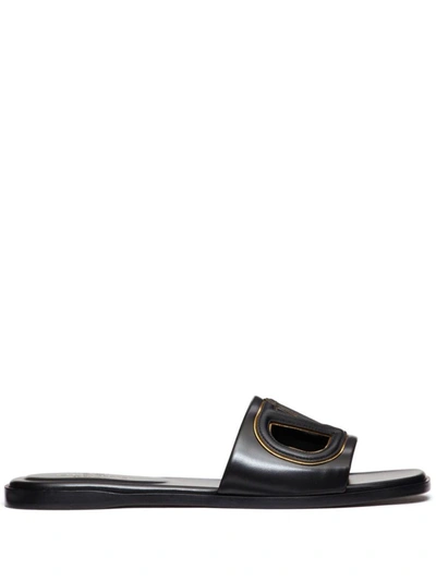 Valentino Garavani Vlogo Leather Cutout Flat Slide Sandals In Black