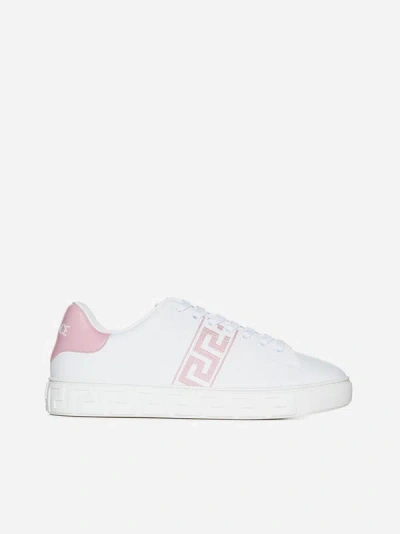Versace Embroidered Faux Leather Trainers In White,english Rose