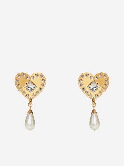 Alessandra Rich Heart Crystals And Pearl Earrings In Crystal,gold