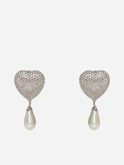 Alessandra Rich Heart Crystals And Pearl Earrings In Crystal,silver