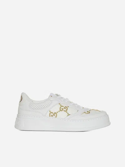 Gucci Gg Panelled Leather Trainers In White,gold
