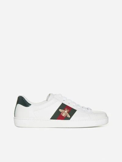 Gucci Ace Bee Detail Leather Sneakers In White