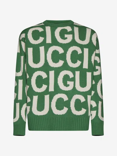 Gucci Logo-intarsia Wool Sweater In Green,ivory
