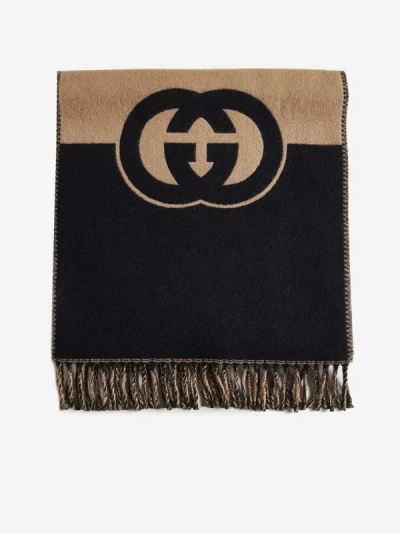 Gucci Logo Wool And Cashmere Scarf In Black,beige
