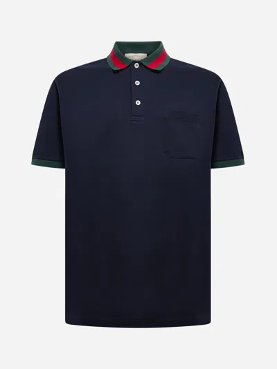 Gucci Web Cotton Polo Shirt In Navy,multicolor