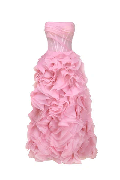 Milla Voluminous Rose Appliques Pink Maxi Dress, Garden Of Eden