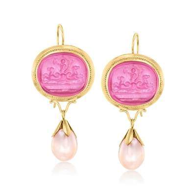 Ross-simons Italian 10-11mm Pink Cultured Pearl And Pink Venetian Glass Intaglio Drop Earrings In 18kt Gold Over