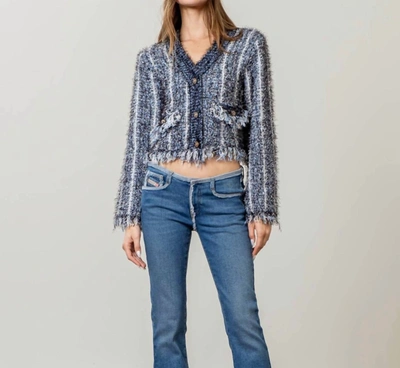 Moon River Textured Knit Cropped Cardigan In Blue