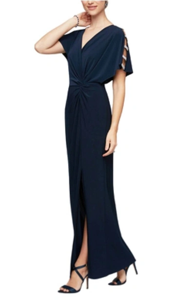 ALEX EVENINGS JERSEY KNIT KNOT EMBELLISHED SURPLICE V-NECK GOWN IN NAVY