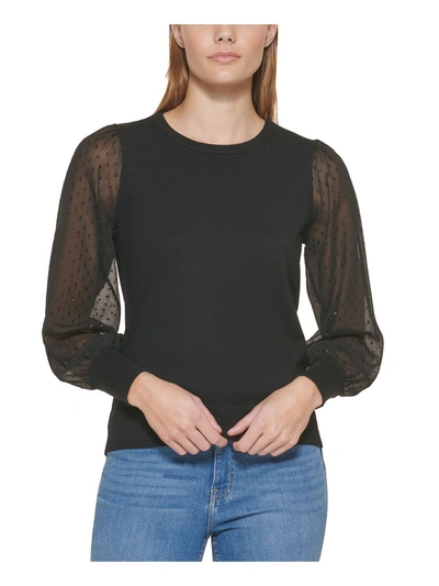 Calvin Klein Womens Metallic Chiffon Sleeve Pullover Sweater In Black