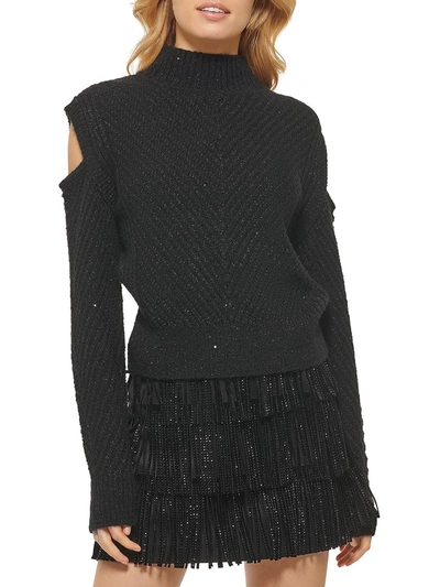 Dkny Womens Metallic Open-shoulder Pullover Sweater In Black
