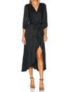 BOBI RUFFLE SURPLICE MIDI DRESS IN BLACK