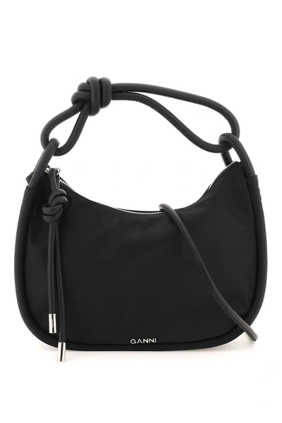 Ganni Knot Baguette Recycled-polyester And Leather Shoulder Bag In Black