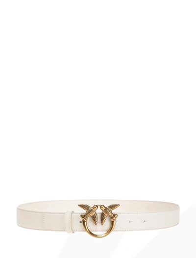 Pinko Love Birds Berry Leather Belt In Ivory/gold