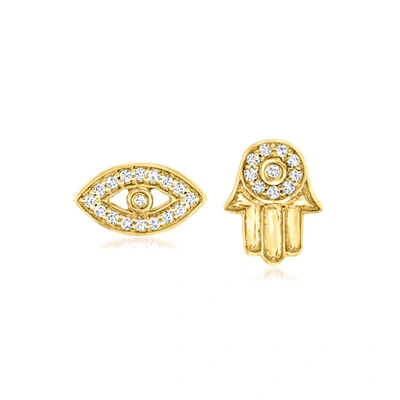Rs Pure By Ross-simons Diamond-accented Hamsa Hand And Evil Eye Mismatched Earrings In 14kt Yellow Gold In Silver