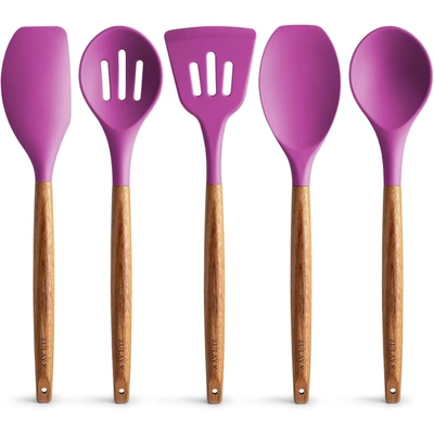 Zulay Kitchen Non-stick Silicone Cooking Utensils Set With Authentic Acacia Wood Handles (5 Piece) In Purple