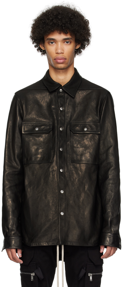 Rick Owens Black Waxed Leather Jacket In 09 Black