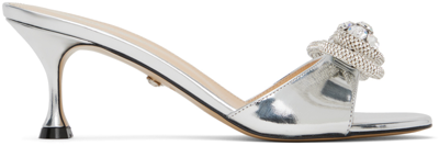 Mach & Mach Double Bow Silver Patent Leather Mule Pumps In Metallic