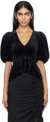 Ganni Velvet V-neck Short Sleeves Regenerated In 099 Black