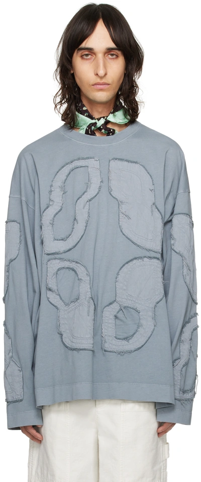 Dries Van Noten Blue Frayed Long Sleeve T-shirt In 801 Cement